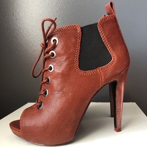 Brown Leather Nine West Peep Toe Ankle Bootie